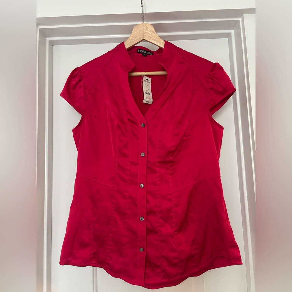 Express Women's Vibrant Red Satin Button-Down Shirt